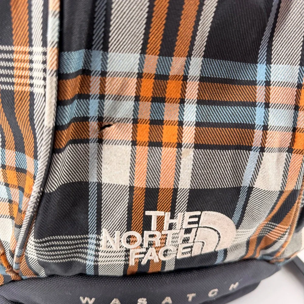 The North Face Backpack Unisex OS Orange Plaid Wasatch Daypack Hiking Bag hole